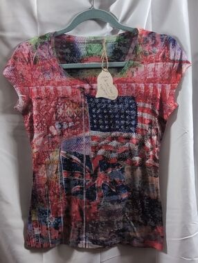Sample - Designer Alison Sheri Women’s Multicolor Graphic Tee with Flag Motif